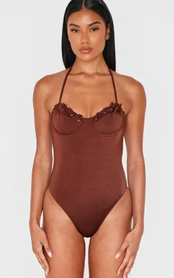 Chocolate Underwired Laced Cup Swimsuit