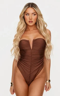 Chocolate V Bar Ruched Front Detail Swimsuit