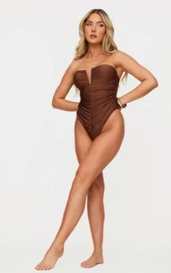 Chocolate V Bar Ruched Front Detail Swimsuit