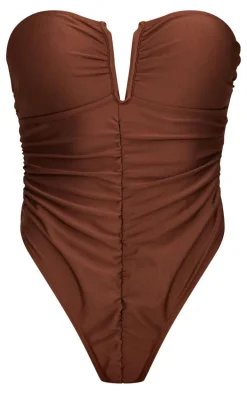 Chocolate V Bar Ruched Front Detail Swimsuit
