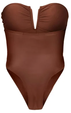 Chocolate V Bar Ruched Front Detail Swimsuit