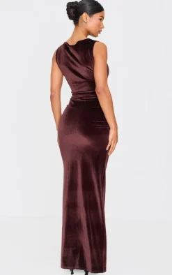 Chocolate Velvet Boat Neck Maxi Dress