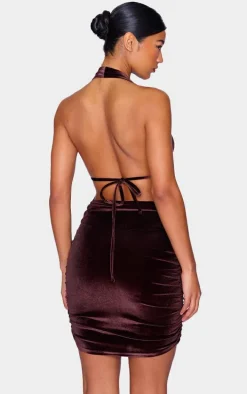 Chocolate Velvet Low Scoop Halter Neck Mini Dress