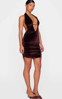 Chocolate Velvet Low Scoop Halter Neck Mini Dress