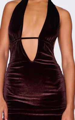 Chocolate Velvet Low Scoop Halter Neck Mini Dress