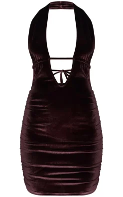 Chocolate Velvet Low Scoop Halter Neck Mini Dress