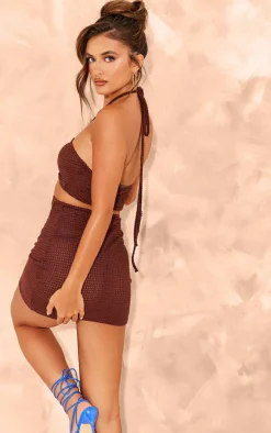 Chocolate Waffle Texture Halterneck Mini Dress