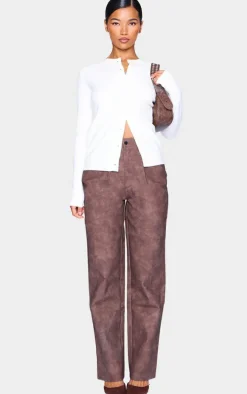 Chocolate Washed Faux Leather Dart Pocket Straight Leg Pants