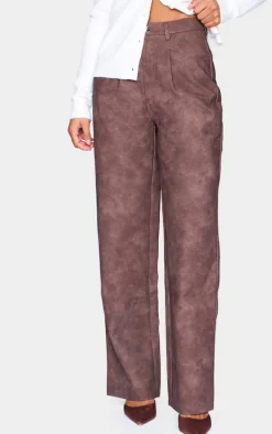 Chocolate Washed Faux Leather Dart Pocket Straight Leg Pants