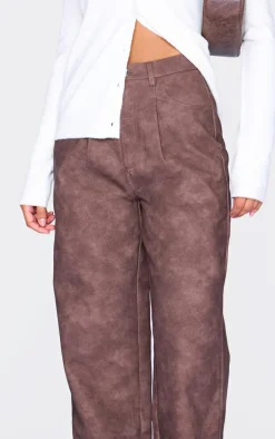 Chocolate Washed Faux Leather Dart Pocket Straight Leg Pants