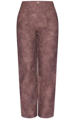 Chocolate Washed Faux Leather Dart Pocket Straight Leg Pants