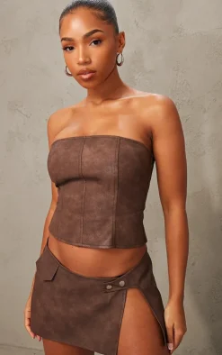 Chocolate Washed Faux Leather Button Front Micro Mini Skirt