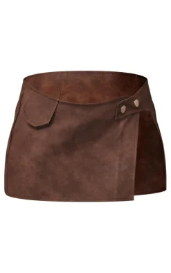 Chocolate Washed Faux Leather Button Front Micro Mini Skirt