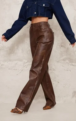 Chocolate Washed Faux Leather Straight Leg Pants