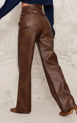 Chocolate Washed Faux Leather Straight Leg Pants