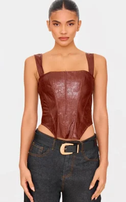 Chocolate Washed Faux Leather Dip Hem Strappy Top