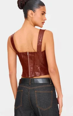 Chocolate Washed Faux Leather Dip Hem Strappy Top