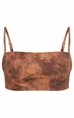 Chocolate Washed Faux Leather Pleated Bralet
