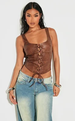 Chocolate Washed Faux Leather Lace Up Corset