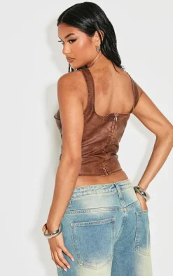Chocolate Washed Faux Leather Lace Up Corset