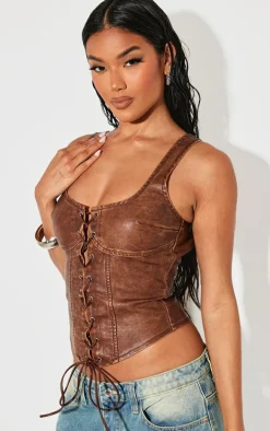 Chocolate Washed Faux Leather Lace Up Corset