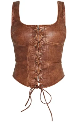 Chocolate Washed Faux Leather Lace Up Corset
