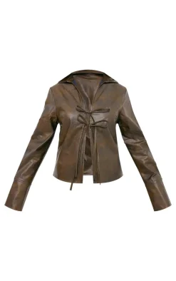 Chocolate Washed Faux Leather Tie Front Shirt