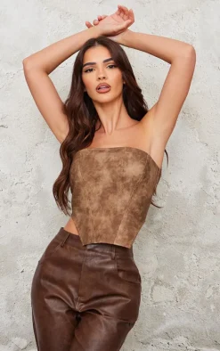 Chocolate Washed Faux Leather Dip Hem Corset