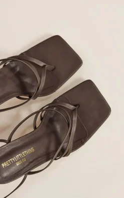 Chocolate Wide Fit PU Square Toe Thong Cross Over Strappy Lace Up Mid Heeled Sandals