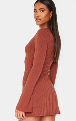 Chocolate Wide Rib Flared Sleeve Shift Dress