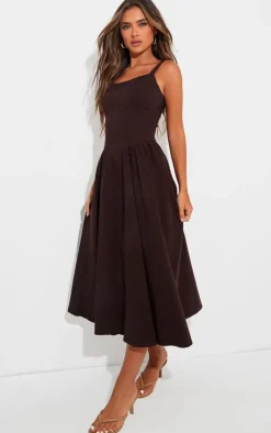 Chocolate Woven Corset Lace Detail Midi Dress