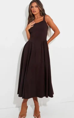 Chocolate Woven Corset Lace Detail Midi Dress