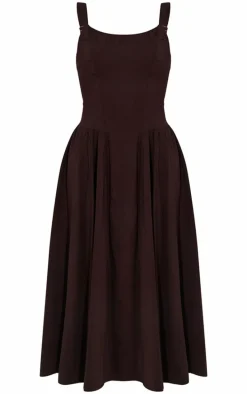 Chocolate Woven Corset Lace Detail Midi Dress