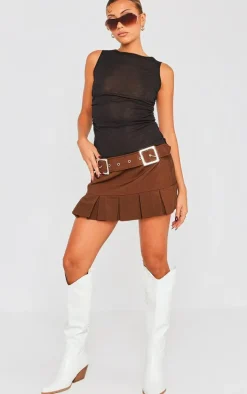 Chocolate Woven Double Buckle Pleated Micro Mini Skirt