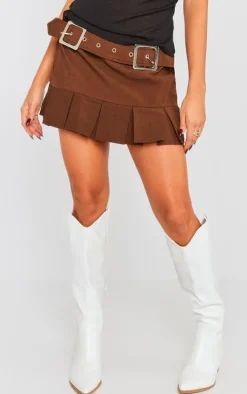 Chocolate Woven Double Buckle Pleated Micro Mini Skirt
