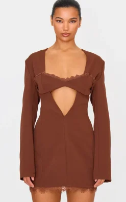 Chocolate Woven Lace Trim Detail Blazer Dress