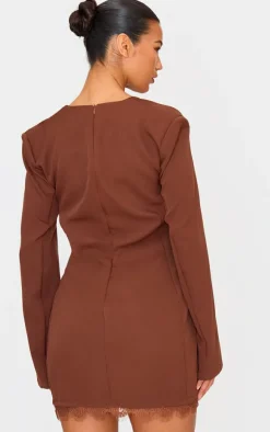 Chocolate Woven Lace Trim Detail Blazer Dress