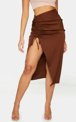 Chocolate Woven Ruched Detail Midi Skirt