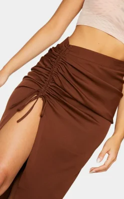 Chocolate Woven Ruched Detail Midi Skirt