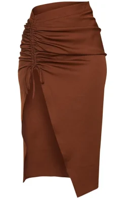 Chocolate Woven Ruched Detail Midi Skirt
