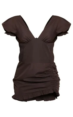 Chocolate Woven Shirred Ruched Frill Bodycon Dress