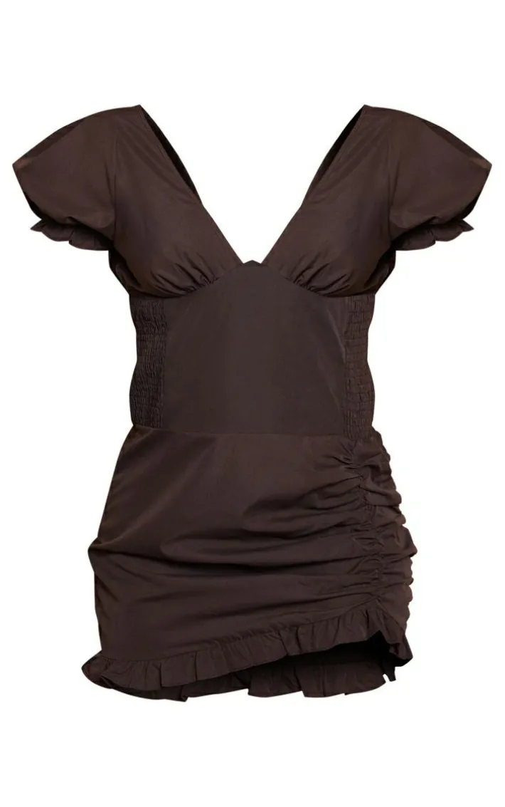 Chocolate Woven Shirred Ruched Frill Bodycon Dress