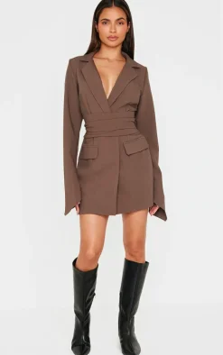 Chocolate Woven Wrap Belted Blazer Dress