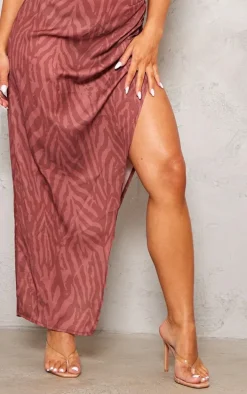 Chocolate Zebra Print Lace Trim Ruched One Shoulder Midaxi Dress