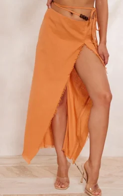 Clay Linen Feel Tie Side Bead Details Midi Skirt