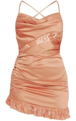 Clay Satin Cowl Lace Insert Frill Hem Bodycon Dress