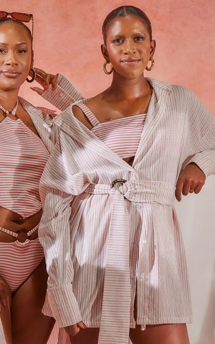 Clay Stripe Rib Tie Waist Oversized Beach Shirt Dress