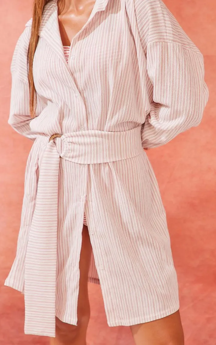 Clay Stripe Rib Tie Waist Oversized Beach Shirt Dress