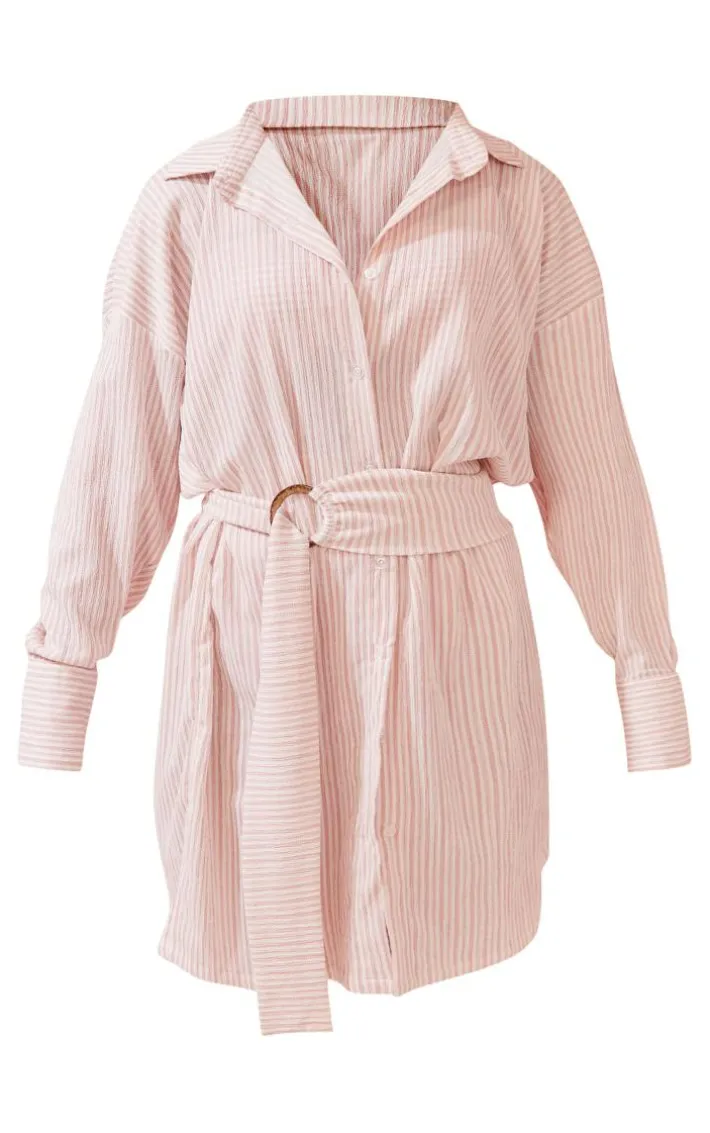 Clay Stripe Rib Tie Waist Oversized Beach Shirt Dress