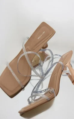 Clear PU Square Toe Diamante Strap Barely There Heeled Sandals